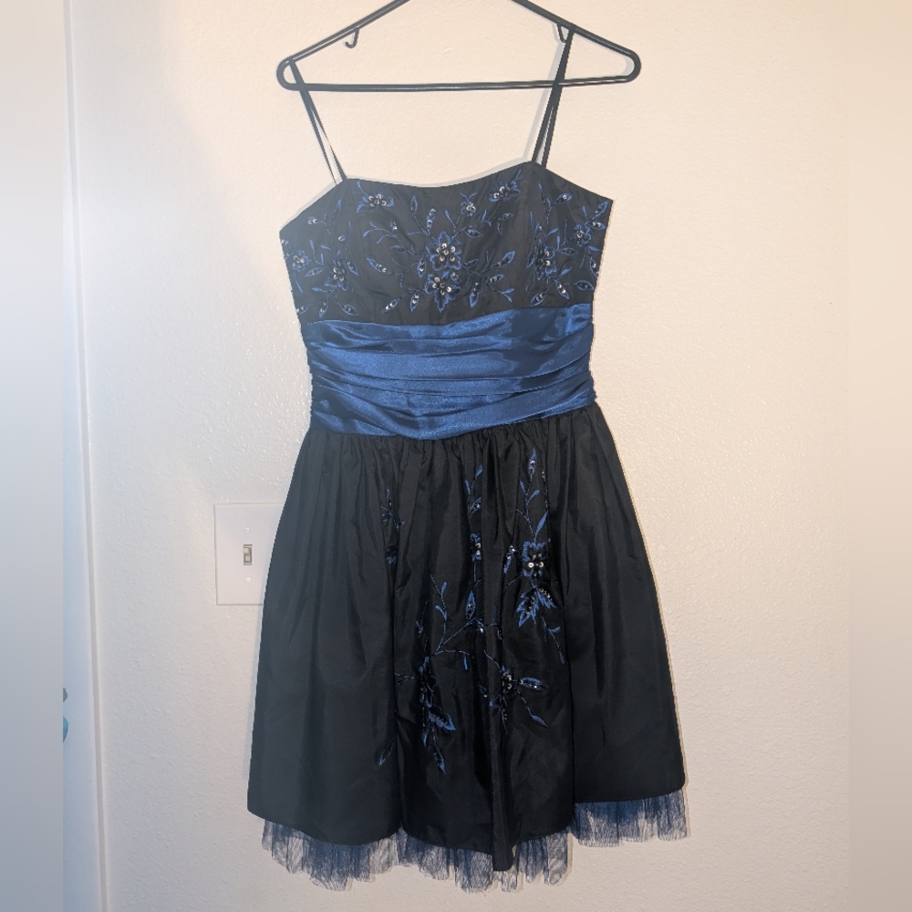Morgan & Co. Blue and Black Fit and Flare Spaghetti Strap Dress